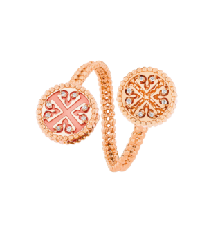 Lace Double Medallion Open Ring in 18K Rose Gold With Pink Opal And Diamonds