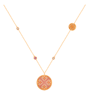Lace Double Medallion Necklace in 18K Rose Gold With Pink Opal, Pink Sapphire And Diamonds