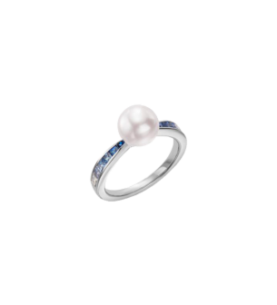 Mikimoto Ocean, Akoya Pearl and Blue Sapphire Ring in 18K White Gold