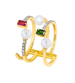 Harmony by Symphony Ring in 18K Yellow Gold with Akoya Pearls, Diamond, Pink and Green Tourmaline 
