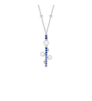 Harmony by Symphony Necklace 18K White Gold  with Akoya Pearls, Diamonds and Blue Sapphires