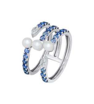 Harmony by Symphony Ring in 18K White Gold with Akoya Pearls and Blue Sapphires