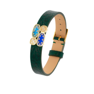 Amelia Granada Coloured Mother Of Pearl Green Double Leather Green Motifs Bracelet in 18K Yellow Gold