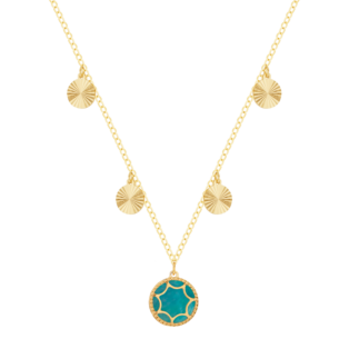 Amelia Roma Multiple Motif Necklace 18K Yellow Gold With Turquoise Pink Coloured Mother of Pearl