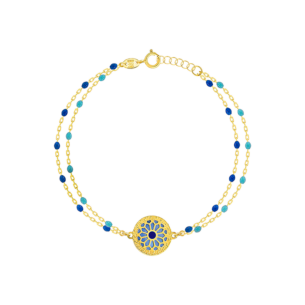 Amelia Athens 18k Yellow Gold Double Chain Bracelet with Blue and White Mother of Pearl and Enamel Beads