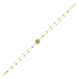 Amelia Athens 18k Yellow Gold Double Chain Bracelet with Blue and White Mother of Pearl and Enamel Beads