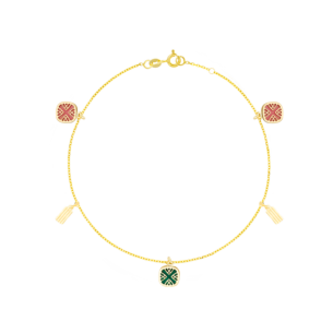 Amelia España Green and Orange Mother Of Pearl Anklet Three Motifs in 18K Yellow Gold 