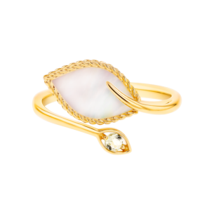 خاتم فرفشة فوغليا من الذهب الوردي عيار 18 قيراط مع عرق اللؤلؤ الأبيض وحجر الكوراتز الليموني.
