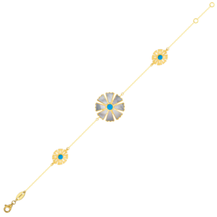 Farfasha Sunkiss Bracelet in 18K Yellow Gold With Three Arfaj Flowers, Turquoise and White MOP