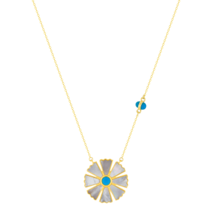 Farfasha Sunkiss Necklace in 18K Yellow Gold With an Arfaj Flower in White MOP and Turquoise