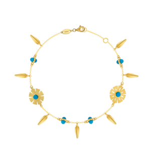 Farfasha Sunkiss Bracelet in 18K Yellow Gold With Two Arfaj Flowers, Flower Buds, and Turquoise