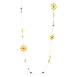 Farfasha Sunkiss Necklace in 18K Yellow Gold With Three Arfaj Flowers, Flower Petals, White MOP and Turquoise