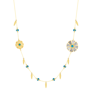 Farfasha Sunkiss Necklace in 18K Yellow Gold With Two Arfaj Flowers, Flower Buds, White MOP, and Turquoise