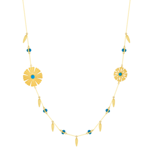Farfasha Sunkiss Necklace in 18K Yellow Gold With Two Arfaj Flowers, Flower Buds, White MOP, and Turquoise