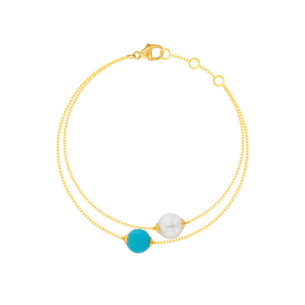 Kiku Glow Two Layered Bracelet in 18K Yellow Gold With a Freshwater Pearl and Turquoise Stone