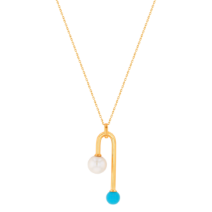 Kiku Glow Necklace in 18K Yellow Gold With a Freshwater Pearl and Turquoise Stone