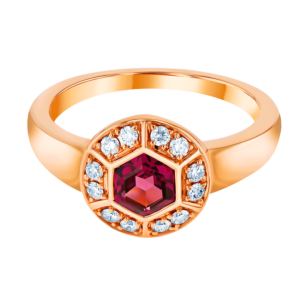 Kanzi Ring in 18K Rose Gold and studded with Raspberry Rhodolite