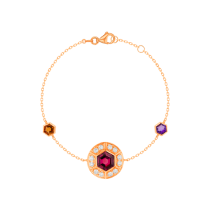 Kanzi Bracelet in 18K Rose Gold and studded with Raspberry Rhodolite Orange Citrine,
and Purple Amethyst