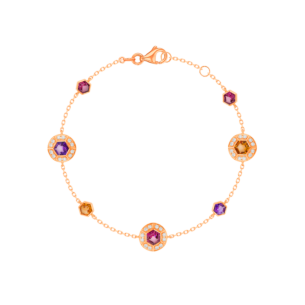 Kanzi Bracelet in 18K Rose Gold and studded with Raspberry Rhodolite Orange Citrine,
and Purple Amethyst
