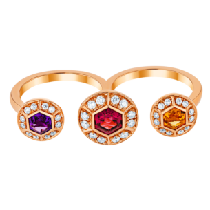 Kanzi Ring in 18K Rose Gold and studded with Raspberry Rhodolite Orange Citrine,
and Purple Amethyst
