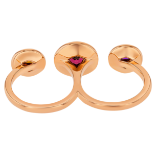 Kanzi Ring in 18K Rose Gold and studded with Raspberry Rhodolite Orange Citrine,
and Purple Amethyst