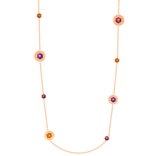 Kanzi Necklace in 18K Rose Gold and studded  with Raspberry Rhodolite Orange Citrine,
and Purple Amethyst