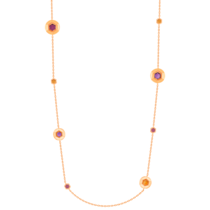 Kanzi Necklace in 18K Rose Gold and studded  with Raspberry Rhodolite Orange Citrine,
and Purple Amethyst