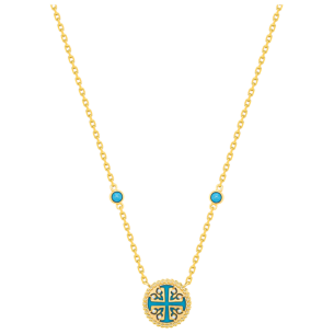 Lace Petite Yellow Gold Diamond Necklace with Condensed Turquoise 