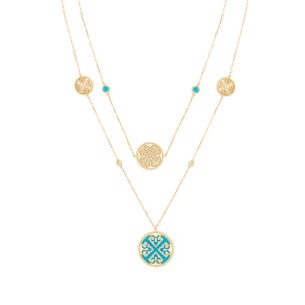 Lace Turquoise Stone with White Mother of Pearl Diamond Two Layerd Necklace in 18K Yellow Gold