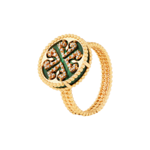خاتم لايس من الذهب الوردي عيار 18 قيراط بميدالية واحدة مع حجر الملكيت والألماس