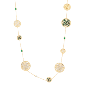 Lace Mixed Motif Malachite, White Mother of Pearl and Diamond Tin Cup Necklace