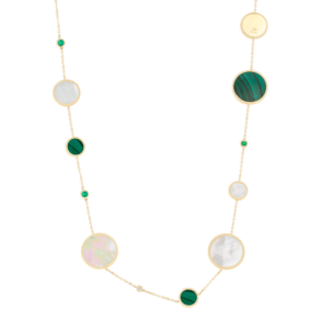 Lace Mixed Motif Malachite, White Mother of Pearl and Diamond Tin Cup Necklace