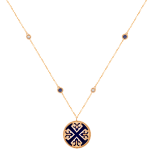 قلادة لايس من الذهب الوردي عيار 18 قيراط بميدالية واحدة مع حجر اللازورد والزفير الأزرق والألماس