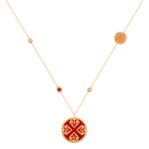Lace Double Medallion Necklace in 18K Rose Gold With Red Carnelian, Ruby And Diamonds