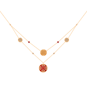 Lace Two-Layered Necklace in 18K Rose Gold Including Four Medallions With Red Carnelian, Ruby, White MOP And Diamonds