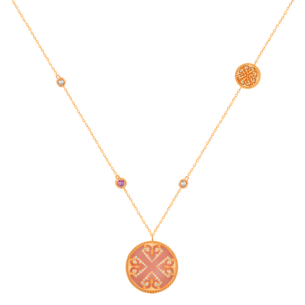 قلادة لايس من الذهب الوردي عيار 18 قيراط بميداليتين مع حجر الأوبال والزفير الوردي والألماس