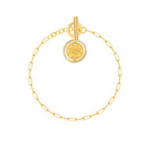 Lace Golden Charm Bracelet in 18K Yellow Gold With a Spinning Medallion charm and diamonds.