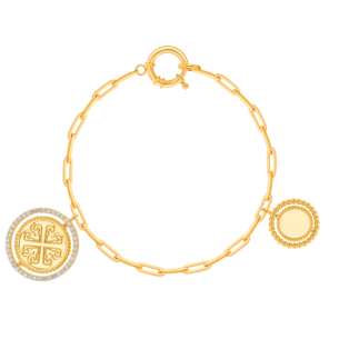 Lace Golden Charm Bracelet in 18K Yellow Gold With Two Spinning Medallion charms and diamonds.