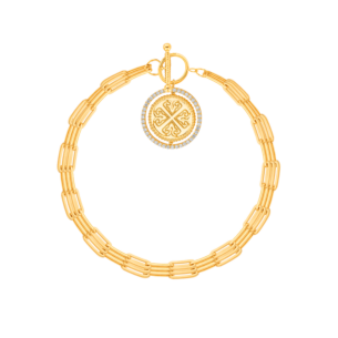 Lace Golden Charm Triple Chain Bracelet in 18K Yellow Gold With a Spinning Medallion charm and diamonds.
