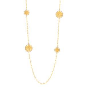 Lace Golden Charm Tin Cup Necklace in 18K Yellow Gold. Four Spinning Medallions With Diamonds on a Chunky Chain