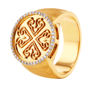 Lace Golden Charm Chevaliere Ring in 18K Yellow Gold with Diamonds Size 12
